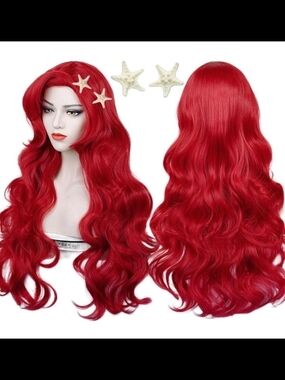 Red Long Wavy Women's Wig with Starfish Hair Clips